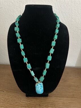 MCM Vintage Egyptian Revival Painted Ceramic Artisan Ethnic Scarab Necklace 29”